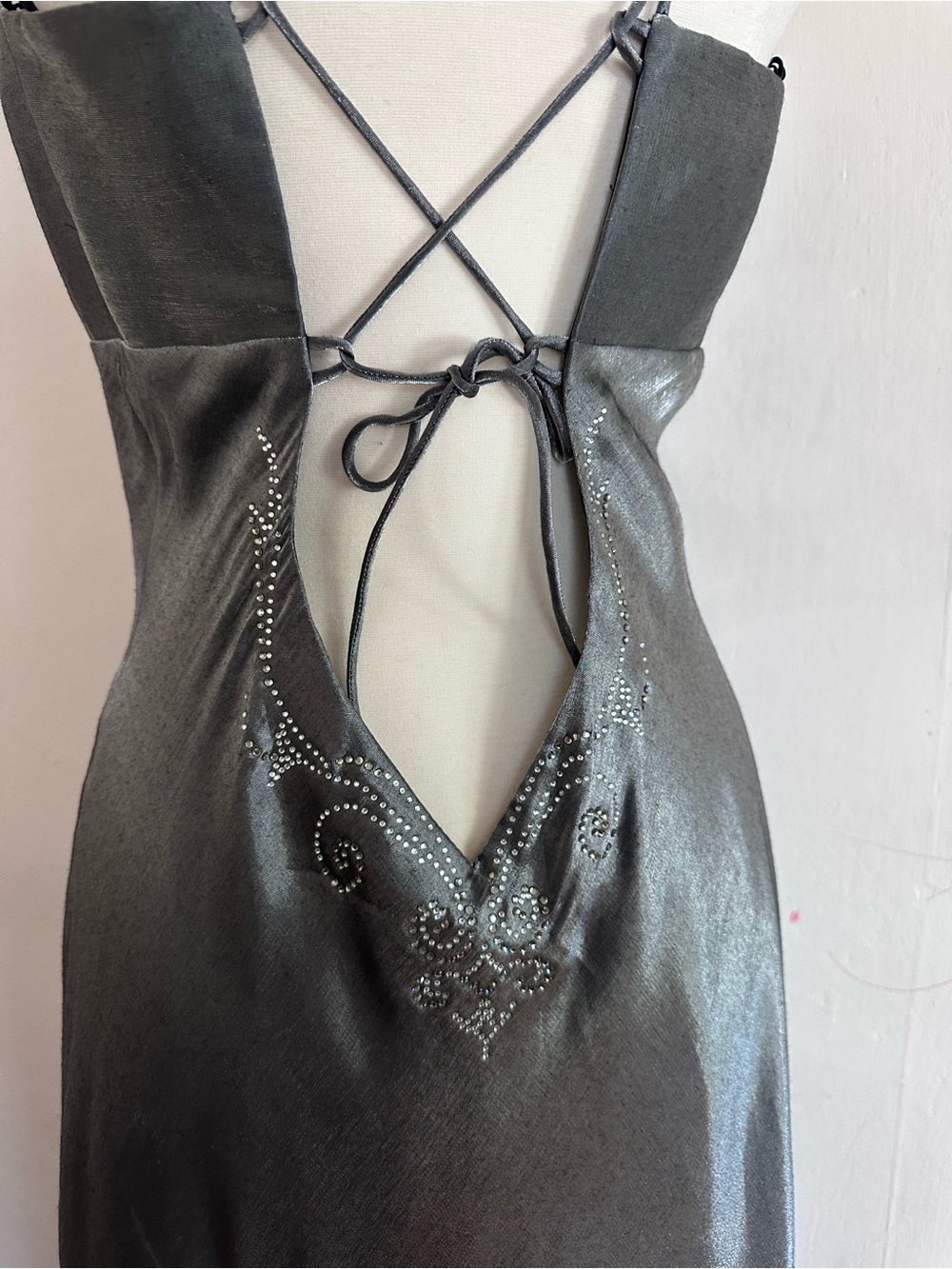 90s Y2K Iridescent Silver Prom Formal Dress Goth Fairy Sz S Lace Up Back - Picture 4 of 13